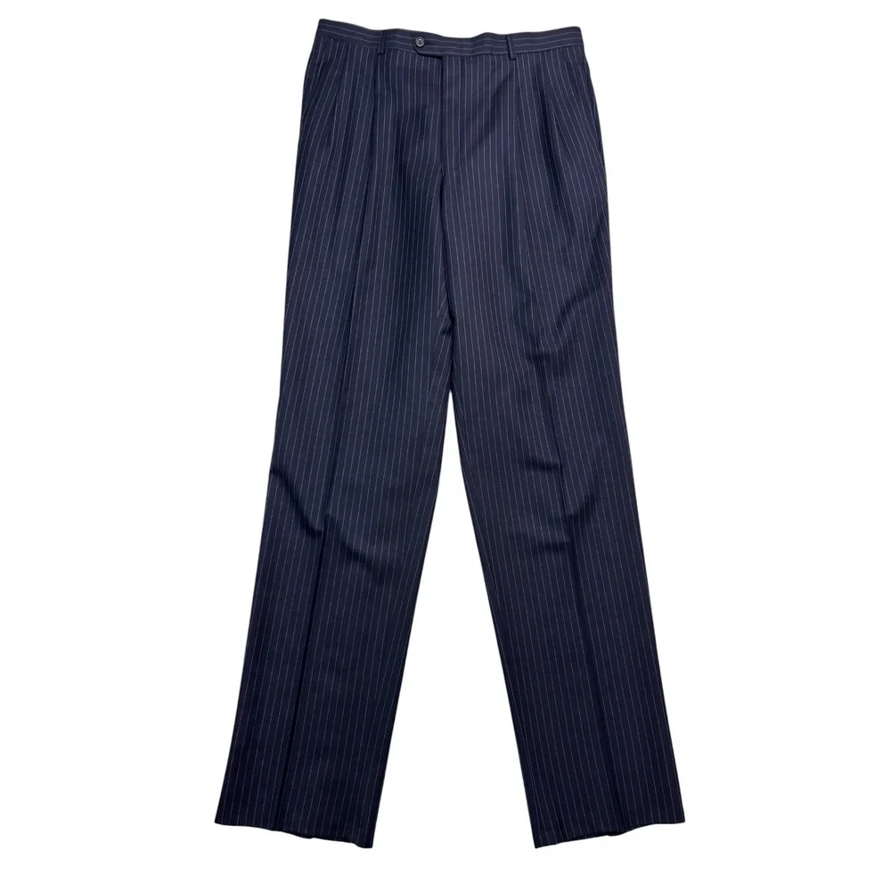 Hickey Freeman Limited 42L 35x36 Navy Blue Chalk Stripe 2pc Pant Suit Wool USA